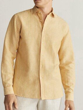NEW MANGO Man Linen Button Up Shirt LARGE Tan Gold Long Sleeve Old Money Classic
